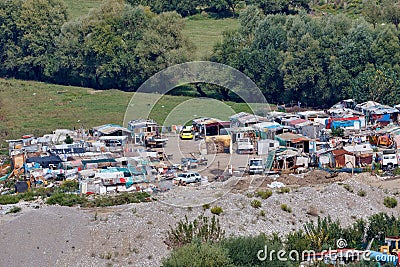 Impoverished Roma Settlement Aerial View in Skadar Stock Photo