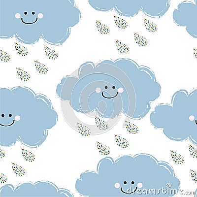 Cute Clounds With Raindrops Pattern Seamless Vector Illustration