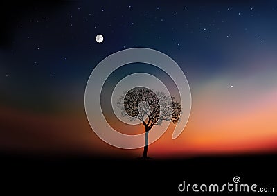 At dawn, the sun rises over a countryside landscape with a tree as any decor. Stock Photo