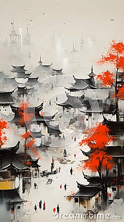 An ink painting of a traditional Chinese village. Stock Photo