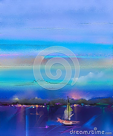 Impressionism image of seascape. Oil paintings with boat, sail on sea Stock Photo