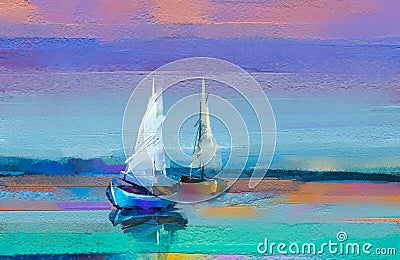 Impressionism image of seascape paintings with sunlight background. Modern art oil paintings with boat, sail on sea. Stock Photo