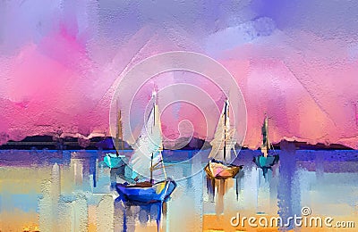 Impressionism image of seascape paintings with sunlight background. Modern art oil paintings with boat, sail on sea. Stock Photo