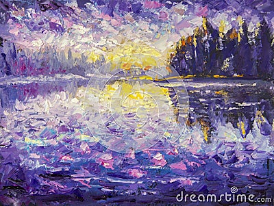 Impressionism palette knife oil painting on canvas Morning on the river. Sunrise on the water. Sunset over the river. Reflection i Cartoon Illustration