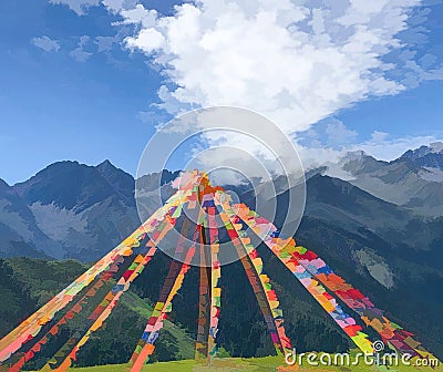 Impressionism Photography Vista of Prayer Flags in Tibet China Asia Stock Photo