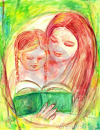 Mother and Daughter Reading at Story Time Impressionist Painting Stock Photo