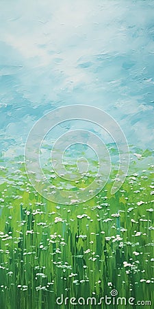 Impressionist Landscape Painting: Daisies On Green Field And Blue Sky Stock Photo