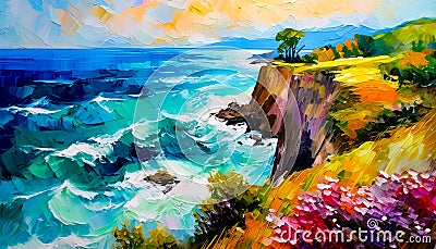 An impressionist oil painting style image of a seaside landscape Stock Photo
