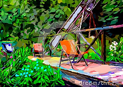 An impressionist painting style image of a garden with walkway bridge, chairs and plants Stock Photo