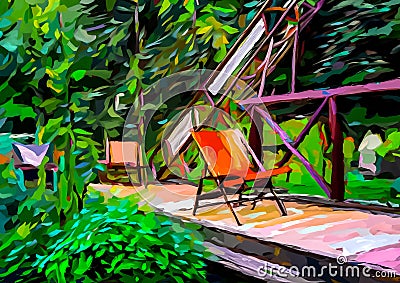 An impressionist painting style image of a garden with walkway bridge, chairs and plants Stock Photo