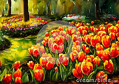 An impressionist painting style image of a landscape with tulips and trees Stock Photo