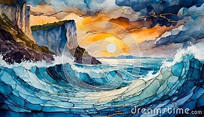 An impressionist painting style image of a seaside landscape Stock Photo
