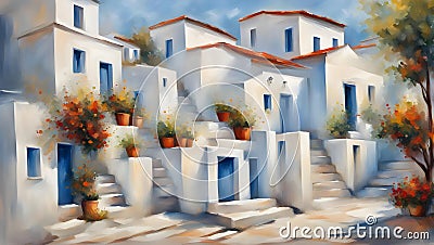 impressionist painting of a sunlit traditional greek village with ancient white houses in summer sunlight Stock Photo