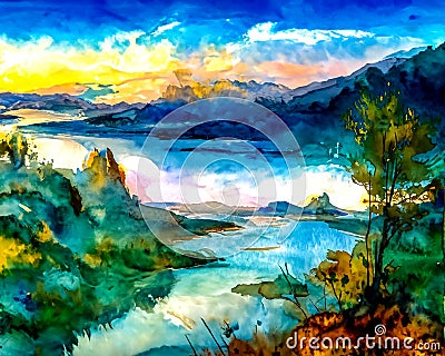 An impressionist watercolour painting style image of a landscape Stock Photo