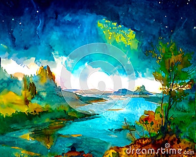 An impressionist watercolour painting style image of a landscape Stock Photo