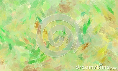 Impressionistic green background with yellow and brown paint brush strokes and spots with crinkled rough glass texture in modern a Stock Photo