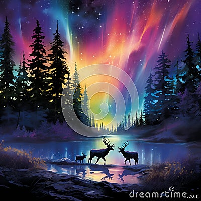 Impressionistic Northern Lights with Playful Faeries Stock Photo