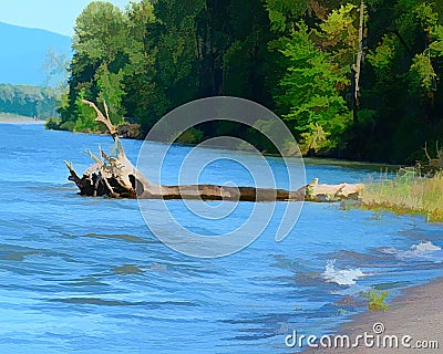 Impressionistic outdoor scenic vista of water, sandy shore, mountains and driftwood. Stock Photo