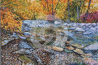 Painting in an Impressionistic Style of a Creek Flowing over Waterfall onto Rocks and Stones with Fall Trees in the background Stock Photo