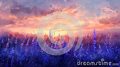 Impressionistic painting of a lavender field at sunset Stock Photo