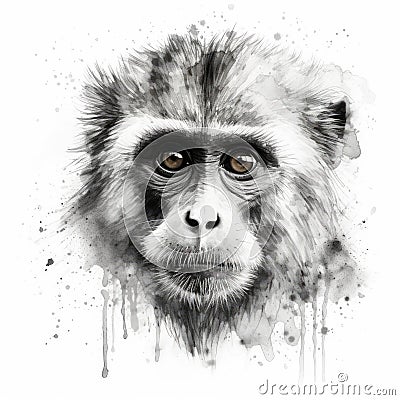 Impressionistic Realistic Blackwork Style of an Asian Monkey on White Background for Posters and Web. Stock Photo