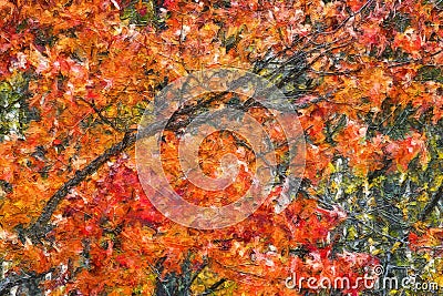 Impressionistic Style Artwork of Autumn Colors Hidden Deep in the Green Forest Stock Photo