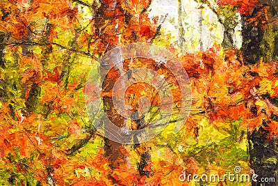 Impressionistic Style Artwork of Autumn Colors Hidden Deep in the Green Forest Stock Photo