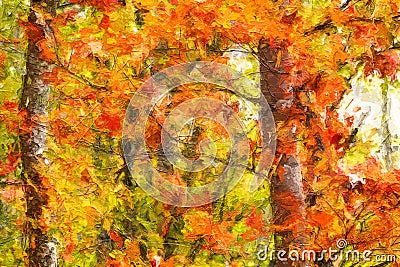 Impressionistic Style Artwork of Autumn Colors Hidden Deep in the Green Forest Stock Photo