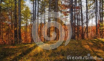 Impressionistic Style Artwork of Autumn Colors Hidden Deep in the Green Forest Stock Photo