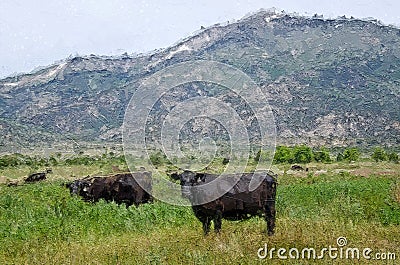 Impressionistic Style Artwork of Herd of Cattle Relaxing in the Soft Green Mountain Meadow Stock Photo