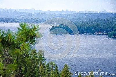 Impressionistic Style Artwork of a Mountain Lake Hidden Deep in the Pine Forest Stock Photo