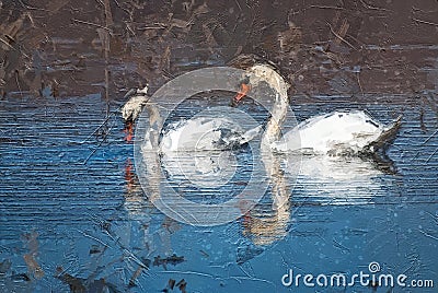 Impressionistic Style Artwork of a Pair of White Swans Swimming on the Water Stock Photo