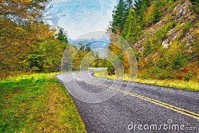 Impressionistic Style Artwork of Roadway Meandering Through the Autumn Appalachian Mountains Along the Blue Ridge Parkway Stock Photo