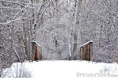 Impressionistic Style Artwork of a Snow Covered Bridge Winter Forest Stock Photo