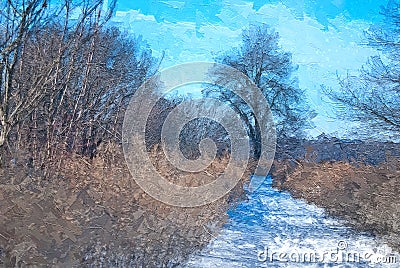 Impressionistic Style Artwork of a Snow Covered Trail Winter Marsh Stock Photo