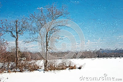 Impressionistic Style Artwork of a Winter Lake Stock Photo