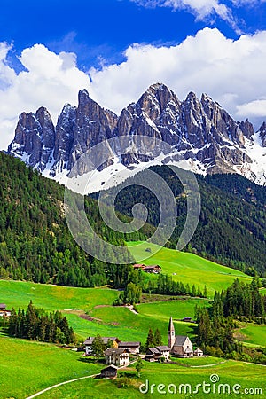 Impressive Alpine scenery - val di Funes in Dolomites mountains, Italy Stock Photo