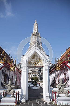 Impressive architectural details of Wat Arun (The Temple of Dawn) in Bangkok Editorial Stock Photo