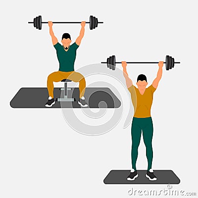 An impressive athletes make a maximum weight lift of a barbell. Illustration of bodybuilder strong man. Strongman powerlifting. Vector Illustration