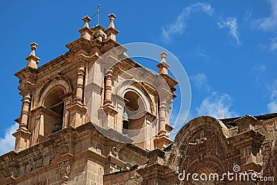 Impressive bell tower of Puno Cathedral against blue sky, Puno, Peru Stock Photo