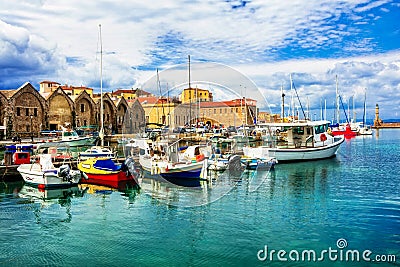 Travel in Greece - beautiful pier of old town Chania in Crete is Stock Photo