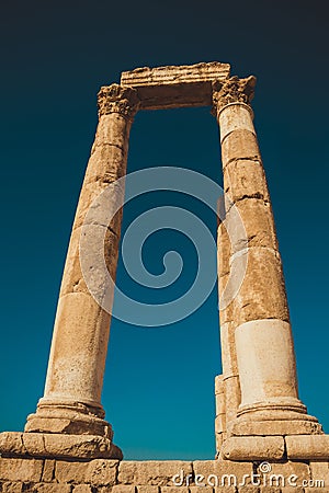 Impressive columns with architrave. Remains Hercules Temple. Ancient architecture. Tourist attraction. Sightseeing tour. Famous hi Stock Photo