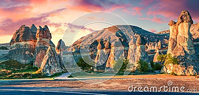 Impressive fungous forms of sandstone in the canyon near Cavusin village, Cappadocia, Nevsehir Province in the Central Anatolia Re Stock Photo