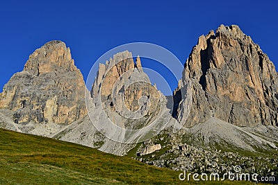 The impressive Langkofel - Sassolungo peaks, Dolomites, Italy. Stock Photo