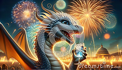 Impressive dragon celebrating with baijiu and fireworks Stock Photo