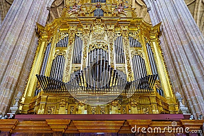 Impressive musical organ of the Gothic cathedral of Segovia in Spain. Editorial Stock Photo