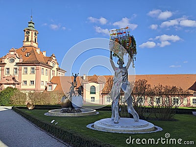 Impressive sculptures of Duchess Diana von Wuerttemberg are located in the Altshausen castle park Editorial Stock Photo