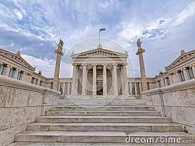 Stairway leading to the national academy of Athens neoclassical building with Athena and Apollo statues. Stock Photo