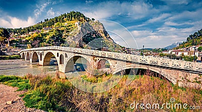 Impressive spring cityscape of Berat town, located on the Osum River. Stock Photo