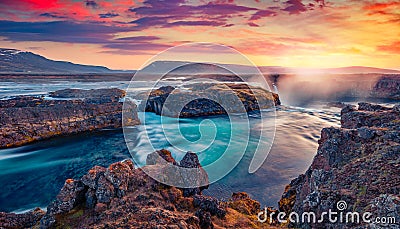 Impressive sunrise on Godafoss waterfall. Stock Photo